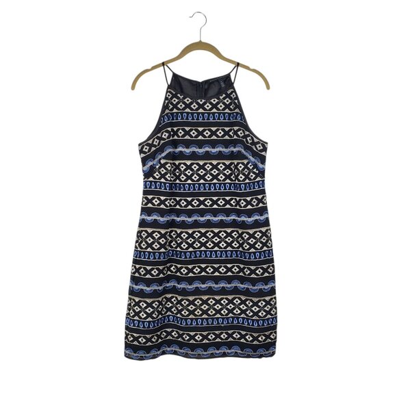 White House Black Market Embroidered Dress Blue Black Stripe Halter Sheath 8 - Picture 1 of 9